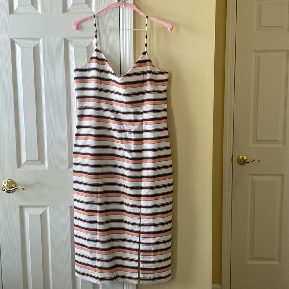 Hutch peach, navy and white striped dress with side slit